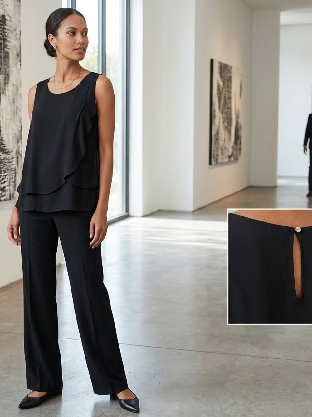 Soft Surroundings Women PS Black Draped Sleeveless Scoop Neck Button Close Top